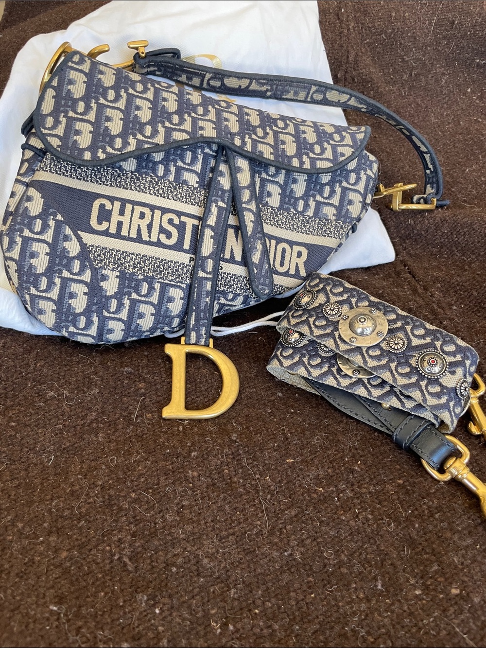 Dior Navy and Cream Saddle Shoulder Bag with Gold 'D' Charm